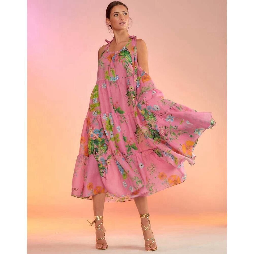 NWT Cynthia Rowley Layla Pink Floral Halter Midi Dress Ramie Summer S
